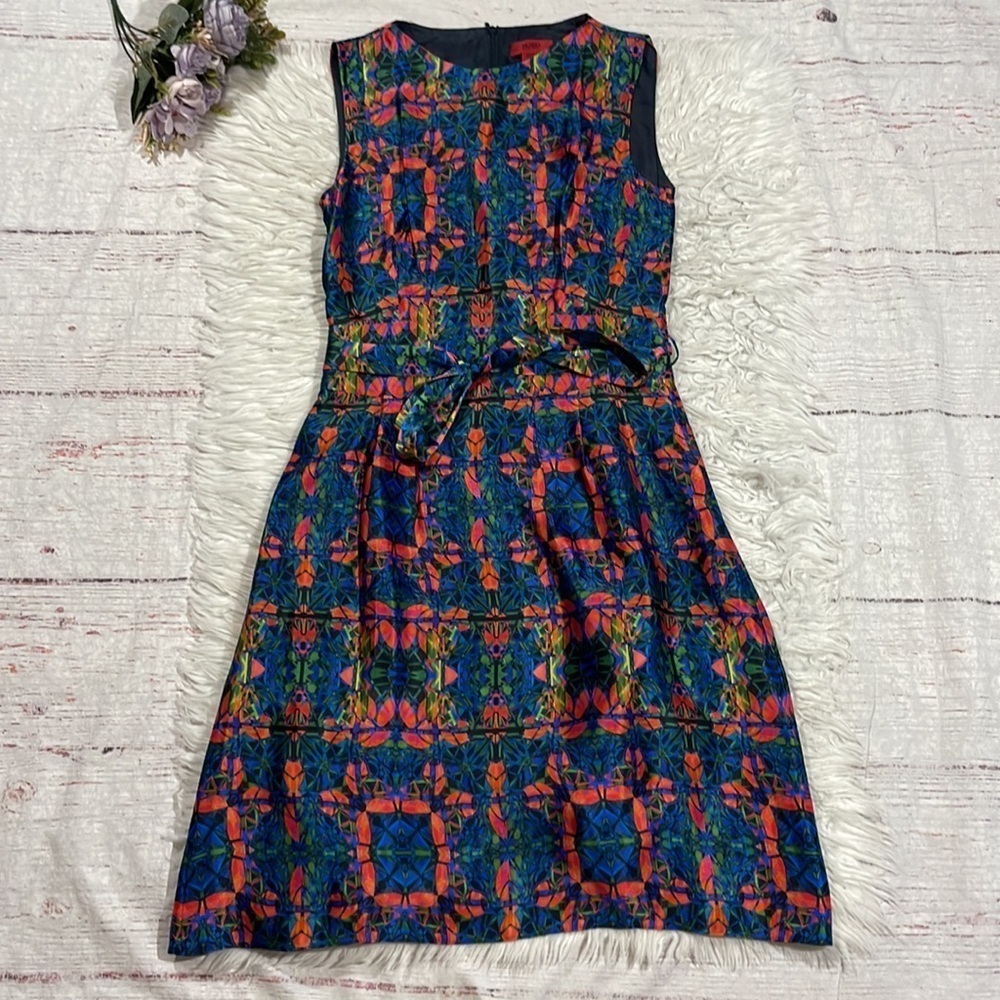 Hugo Hugo Boss Silk Multi Colored Stained Glass Geometric Tie Waist Dress